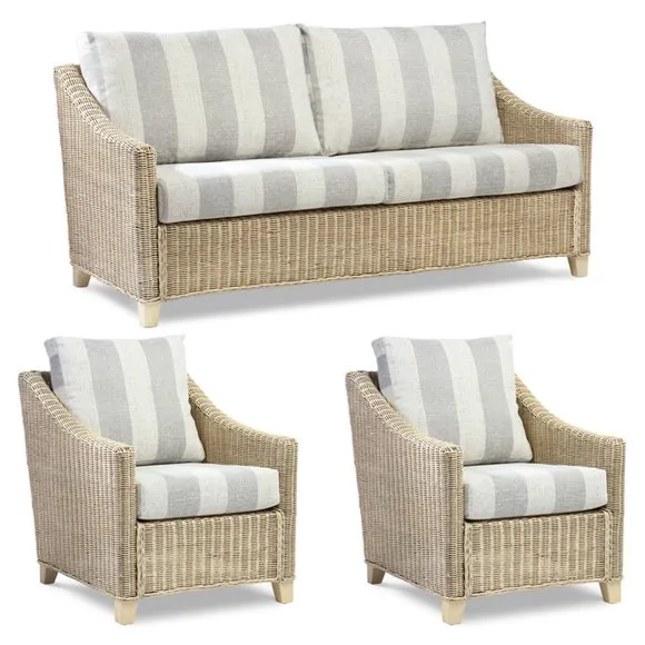 Desser Dijon Rattan Athena Stripe 3 Seater Sofa & 2 Chairs Set 2