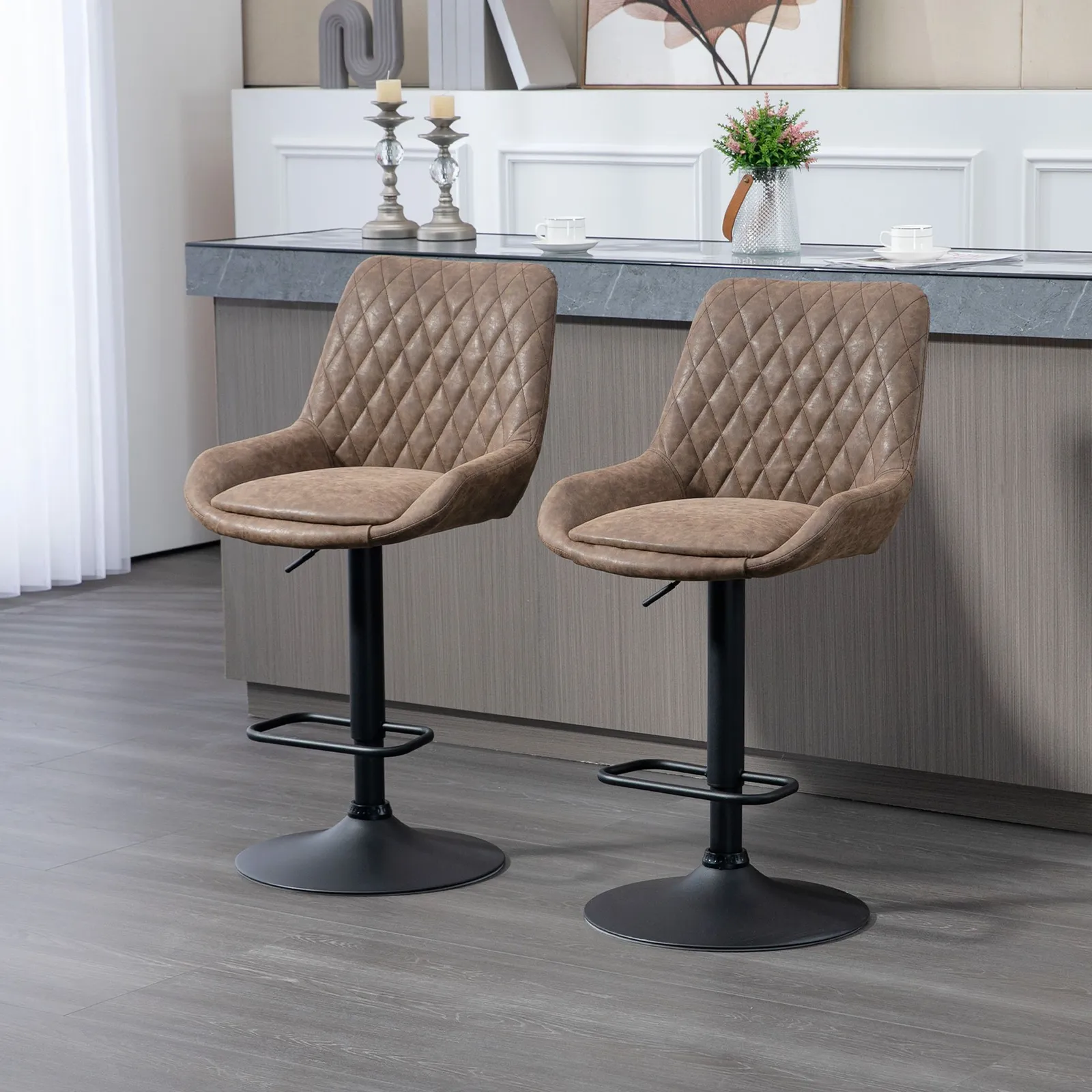 HOMCOM PU Leather Padded Bar Stools Set of 2 with Metal Base, Coffee in Brown