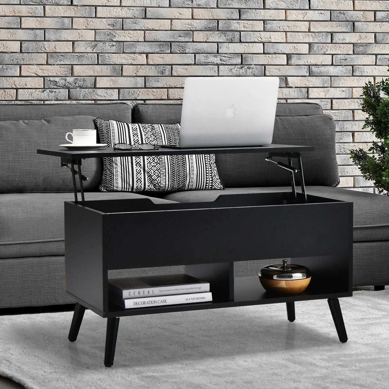 Costway Lift Top Coffee Table Modern Wooden Lift Top Dining Cocktail Table Living Room in Black 4