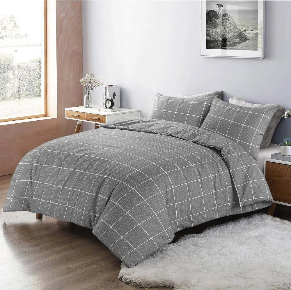Homes-Linen Mateo Checked Dot Reversible Duvet Cover Set in Grey