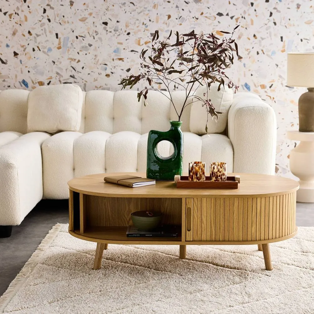 sweeek Coffee table with sliding doors & grooved wooden-effect in Beige 3