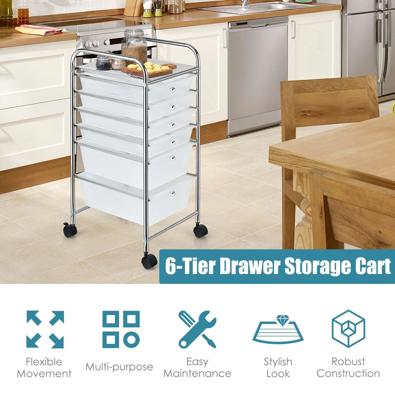Costway 6 Drawer Organizer Cart Multipurpose Mobile Rolling Utility Storage in Clear 5