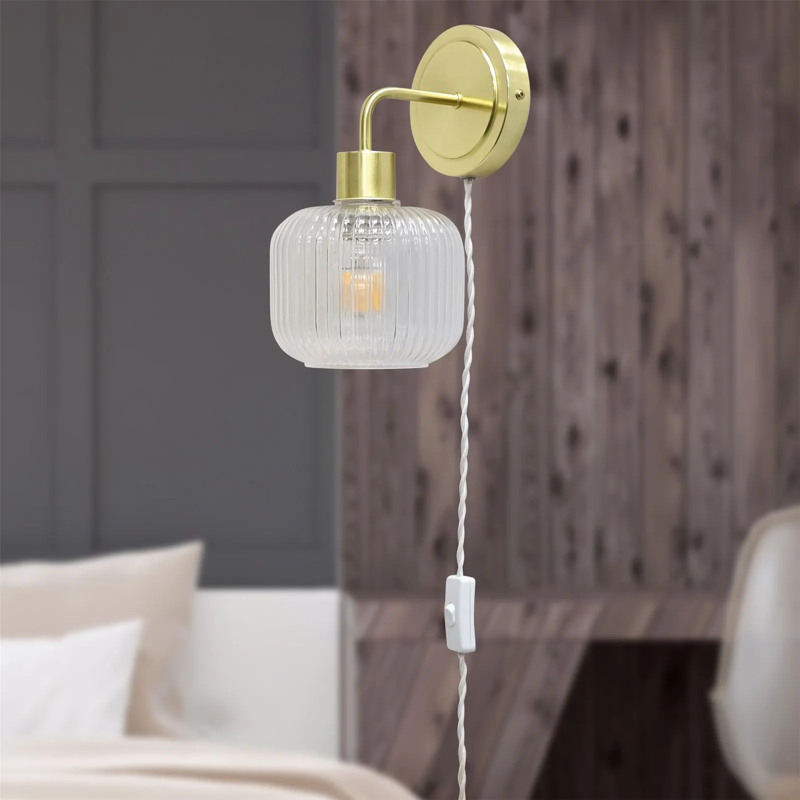 First Choice Lighting Toby - Satin Brass Plug in Wall Light with Batley Ribbed Glass Shade in Gold 3