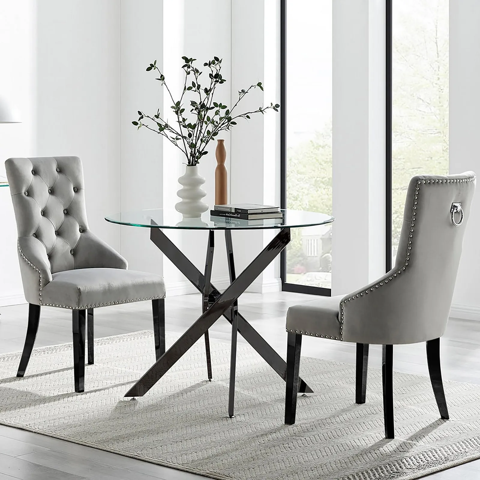 FurnitureboxUK Novara 100cm Round Black Leg Dining Table & 2 Belgravia Black Leg Chairs in Grey 1