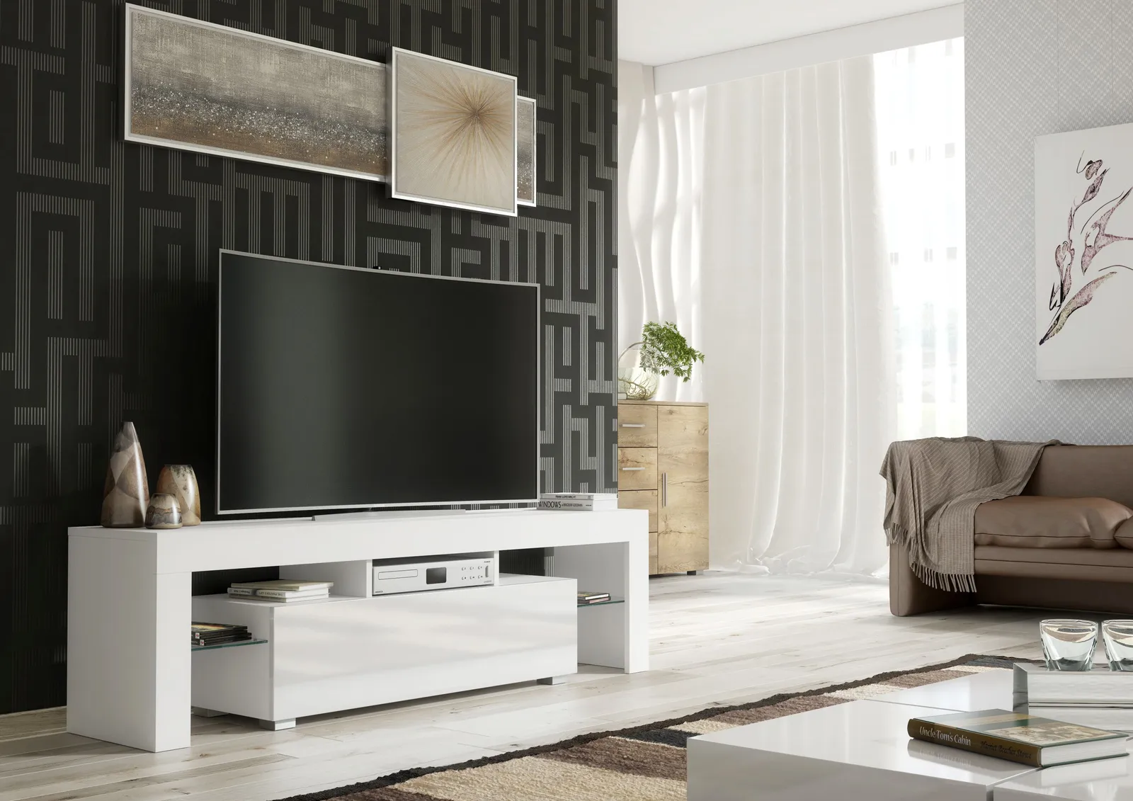Creative Furniture TV Unit 160cm Stylish Modern - White with High Gloss Doors 2