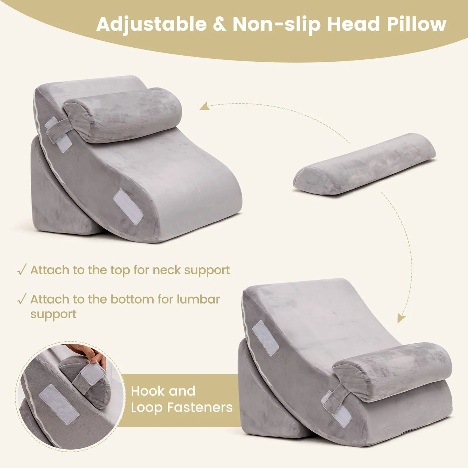 Costway 4pcs Bed Wedge Pillow Set Adjustable Bed Wedge Memory Foam Pillow Washable Cover in Grey 5