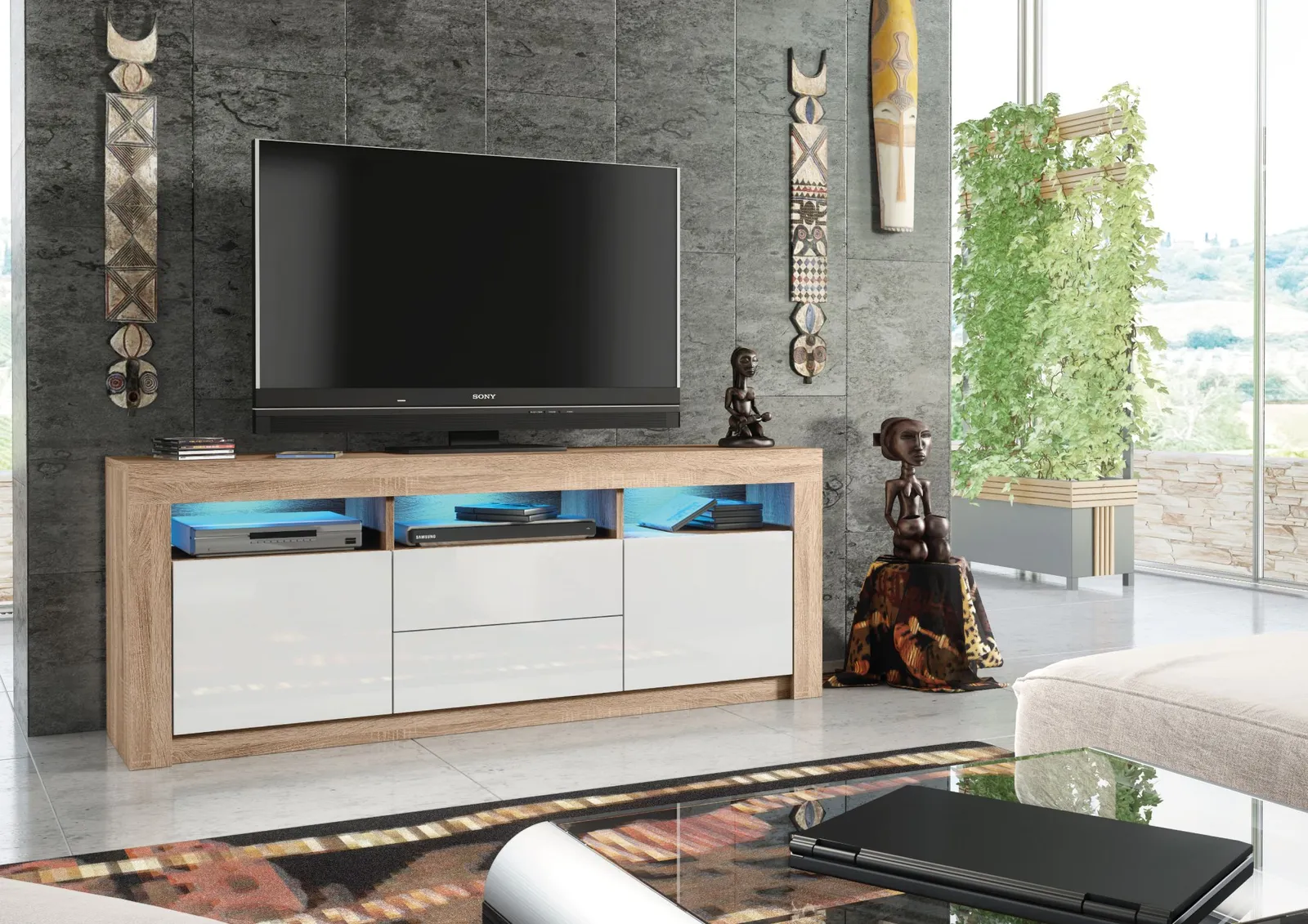 Creative Furniture Shine TV Unit 160cm - A Bright & Stylish Cabinet with Gloss Doors & LED Lights in Light Oak 2