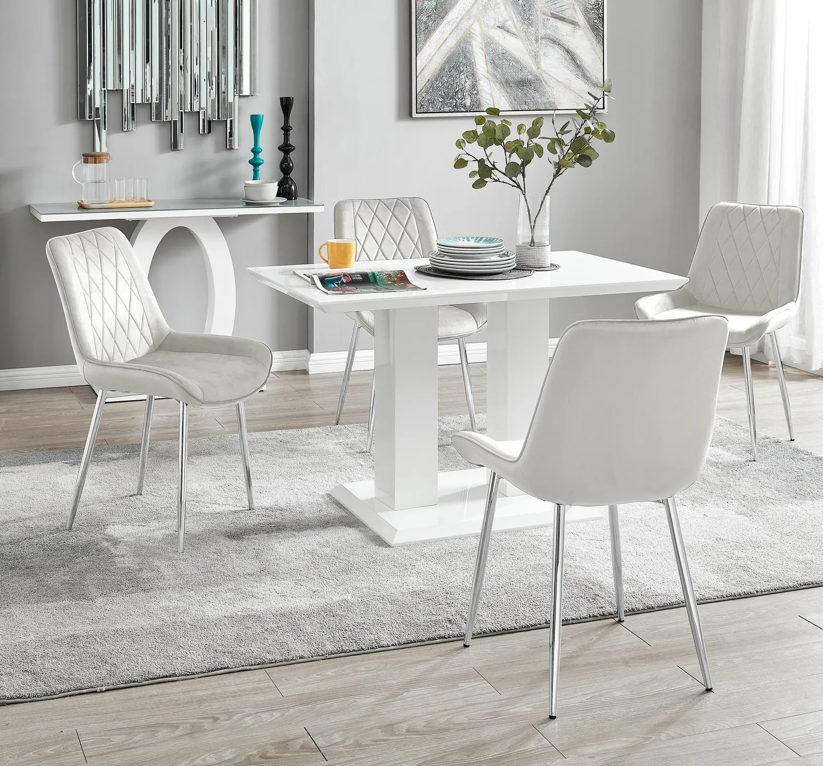 FurnitureboxUK Imperia 4 Seater Modern White High Gloss Rectangular Dining Table & 4 Persaro Velvet Chairs in Cream 1