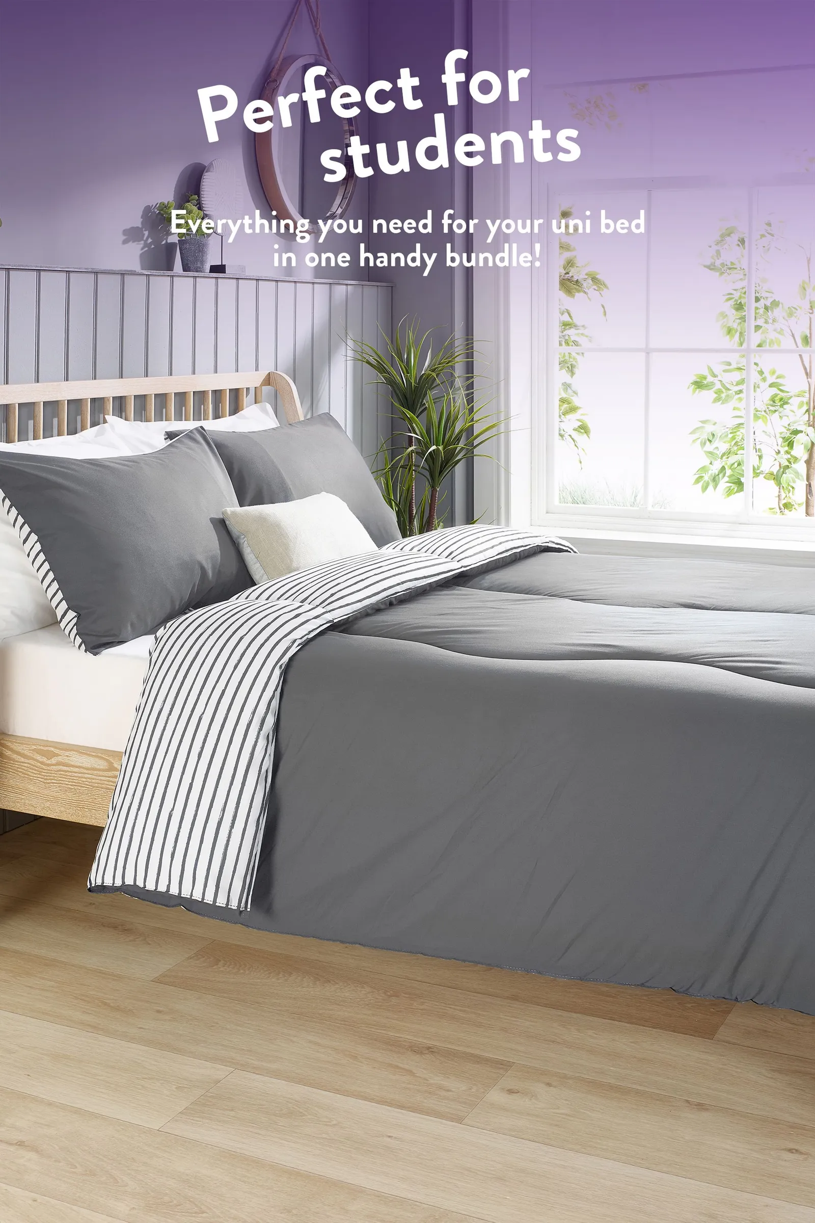 Slumberdown Back to Uni Printed Stripe Grey 10.5 Duvet, 2 Medium Pillows 3