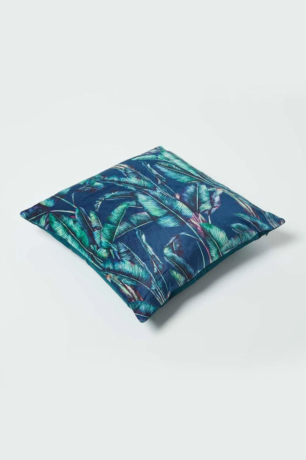 Homescapes Navy Tropical Banana Leaf Velvet Cushion 46 x 46 cm in Teal 5