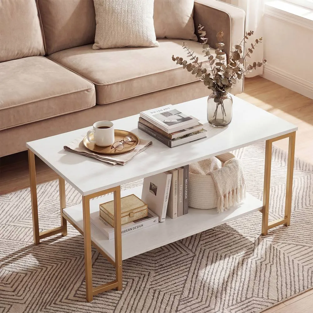 Costway 2-Tier Coffee Table Rectangular Cocktail Table Center Table w/ Shelf in White 5