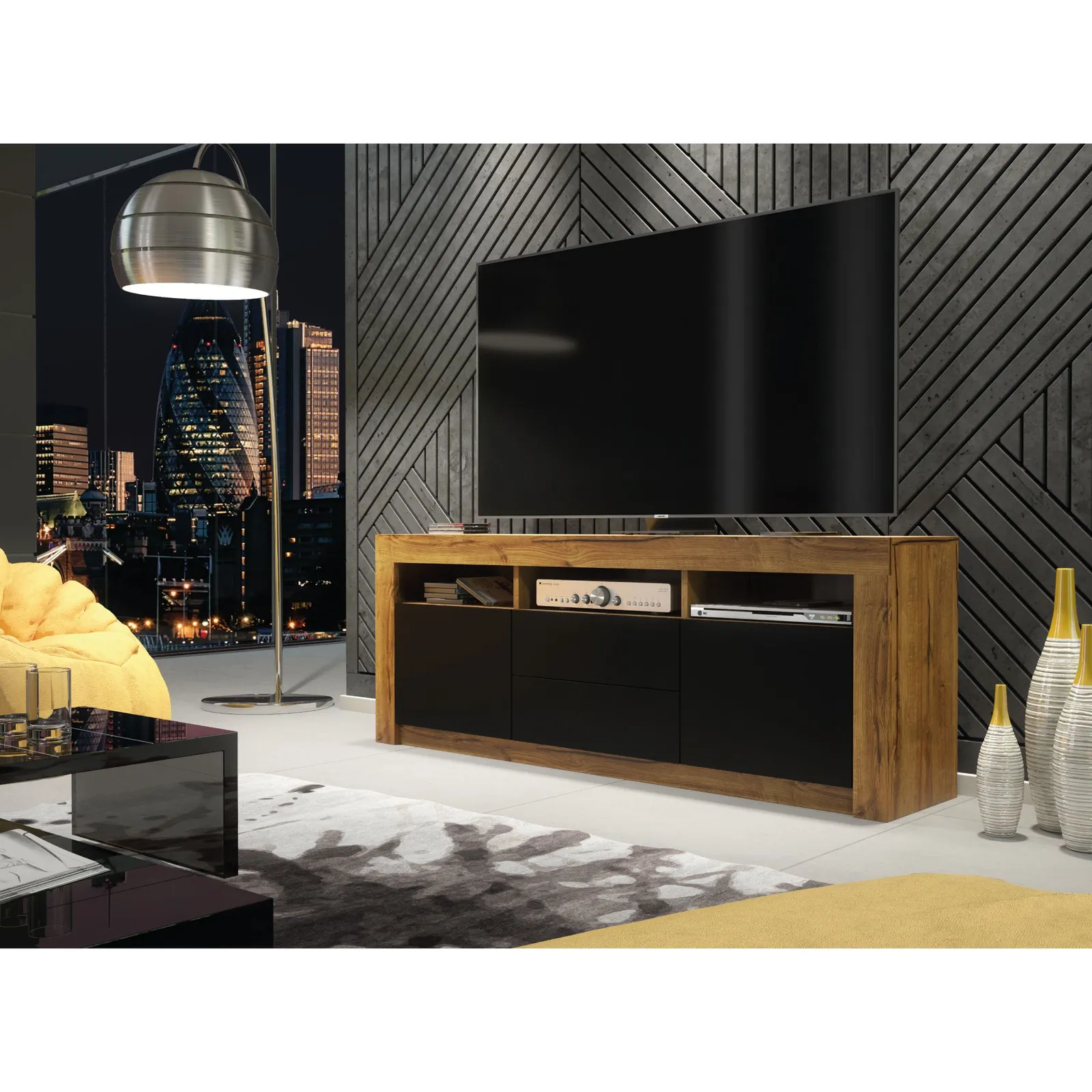 Creative Furniture TV Unit 160cm Modern - Oak with Matt Black Doors in Brown 3