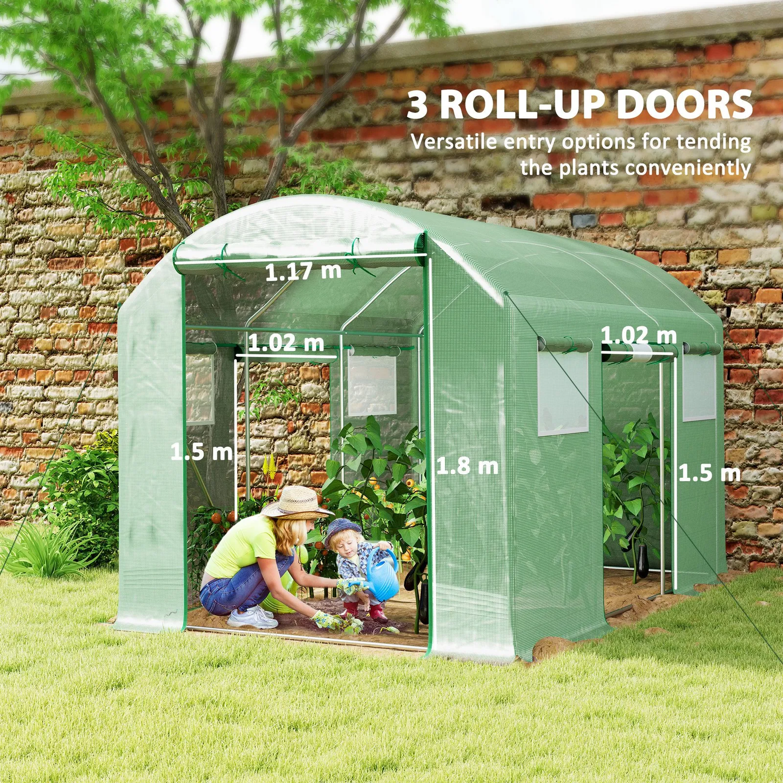 OUTSUNNY Polytunnel Greenhouse with 3 Roll-up Doors, 3 x 2 x 2m, Green 4