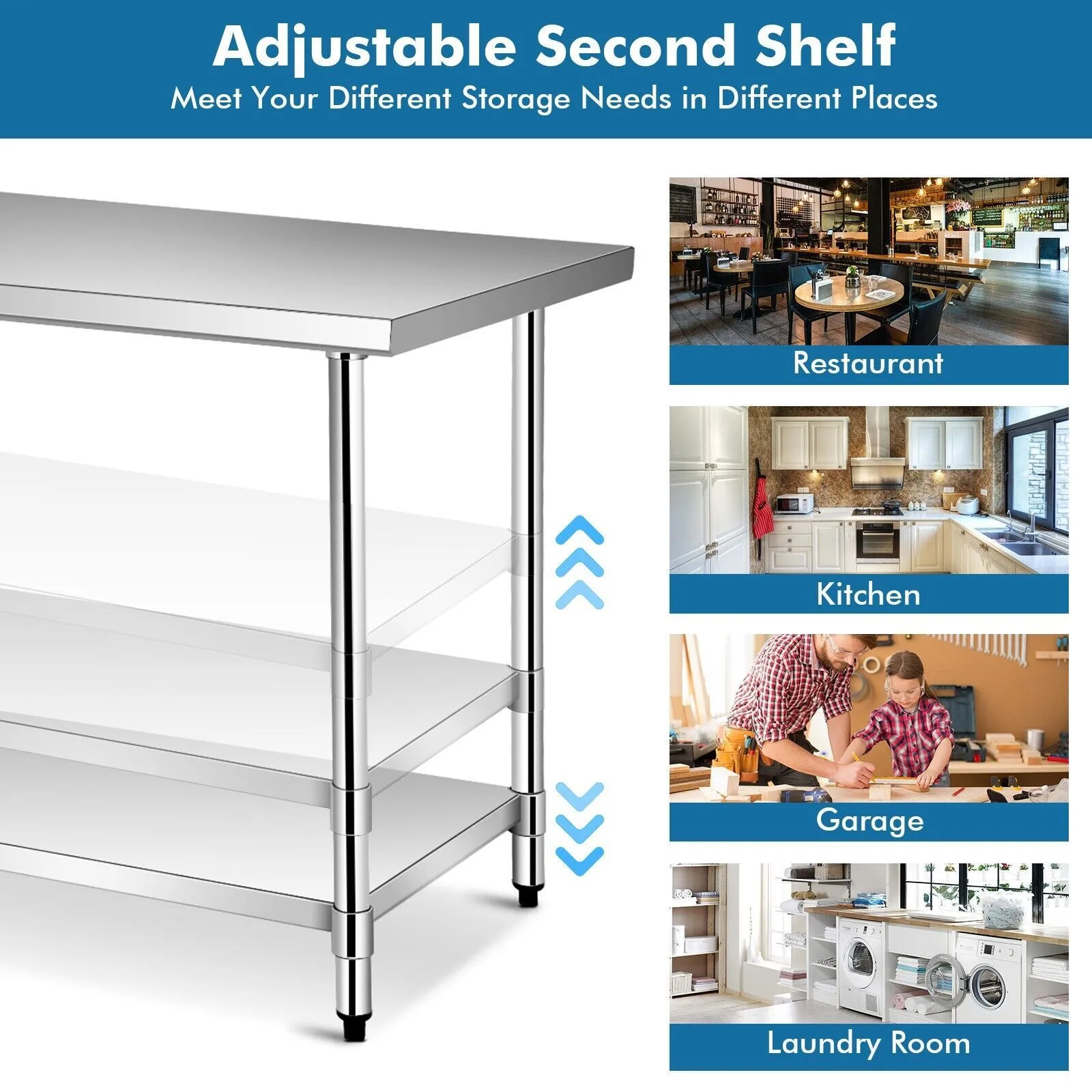 Costway 122 x 76 cm Stainless Steel Kitchen Prep Table Rolling Work Table Commercial Catering Table in Silver 4