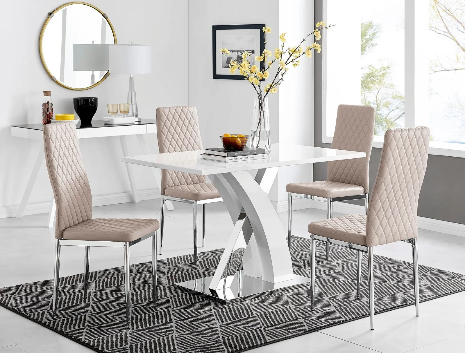 FurnitureboxUK Atlanta White High Gloss & Chrome 4 Seater Dining Table with X Shaped Legs & 4 Faux Leather Milan Chairs in Beige 1