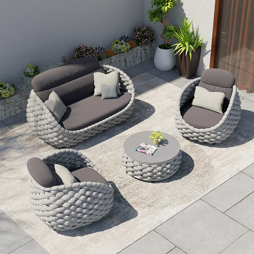 Cocaro 4 Pieces Woven Rope Garden Swivel Sofa Set 360 Degree RoCocaroble with Coffee Table
