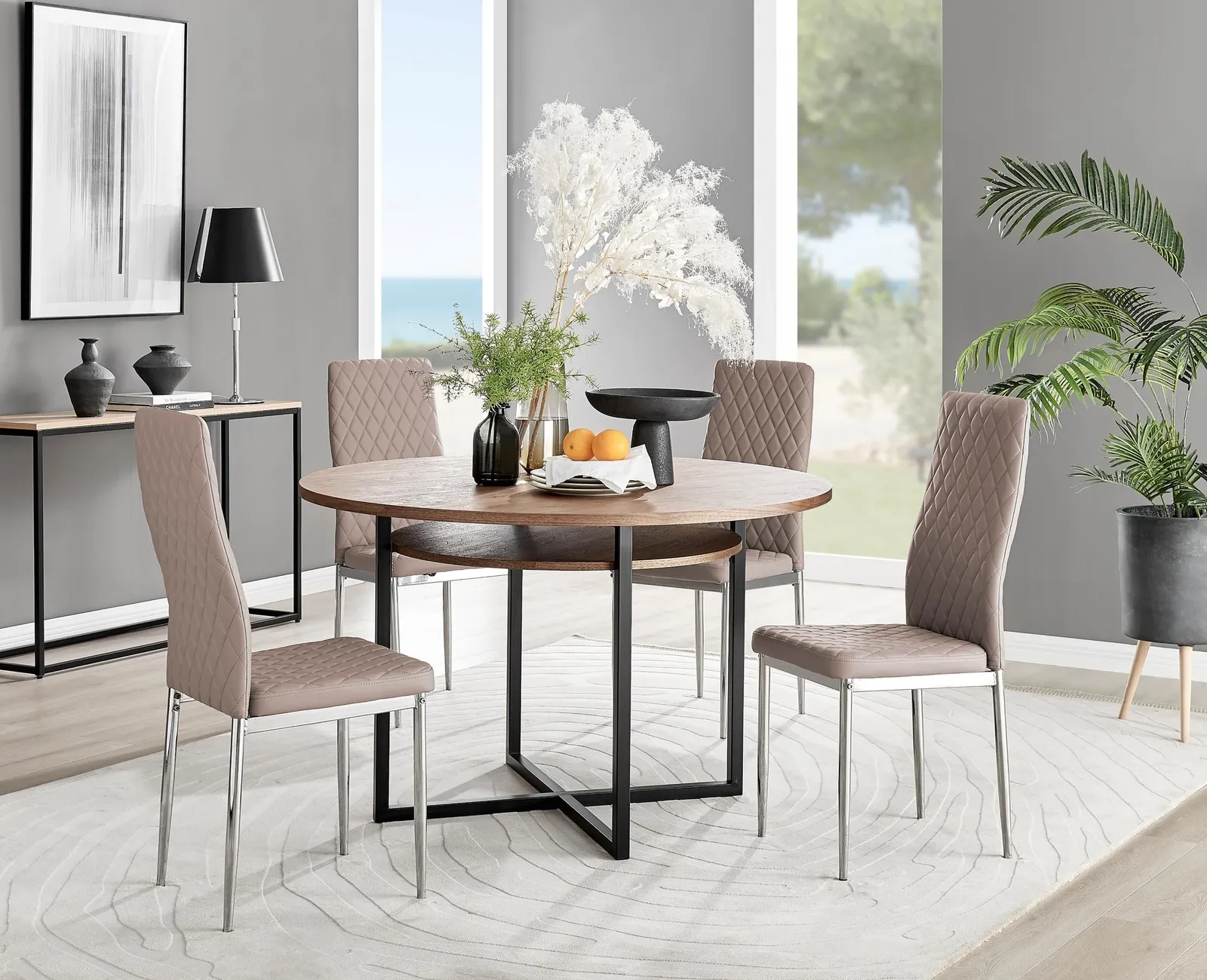FurnitureboxUK Adley Brown Wood Storage Dining Table & 4 Milan Chrome Leg Chairs in Beige 1