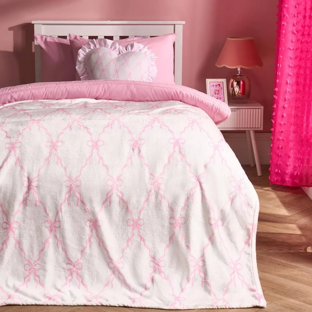 OHS Bow Lattice Flannel Fleece Throw Blanket Soft Bedspread in White