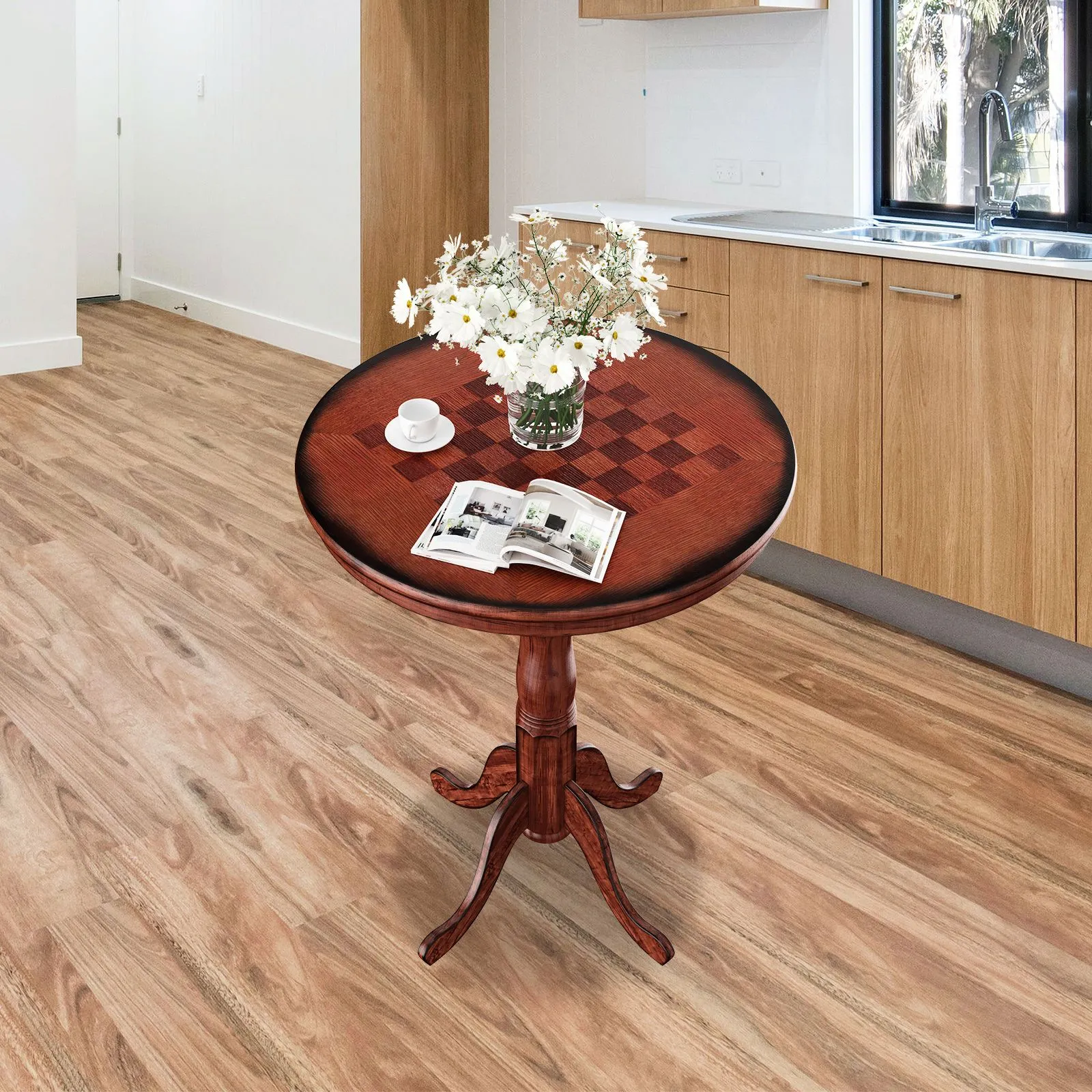 Costway Round Pub Pedestal Side Table w/ Stable Base Wooden Dining Table in Dark Brown 4