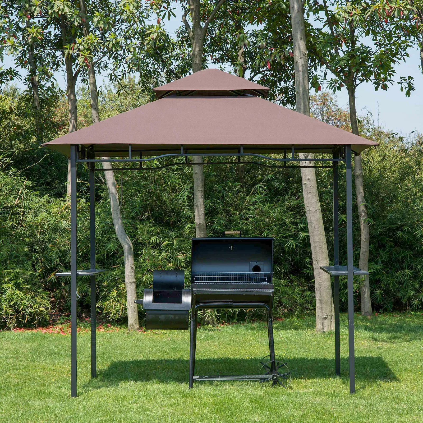 OUTSUNNY Outdoor Double-tier BBQ Gazebo Shelter Grill Canopy Barbecue Tent in Brown