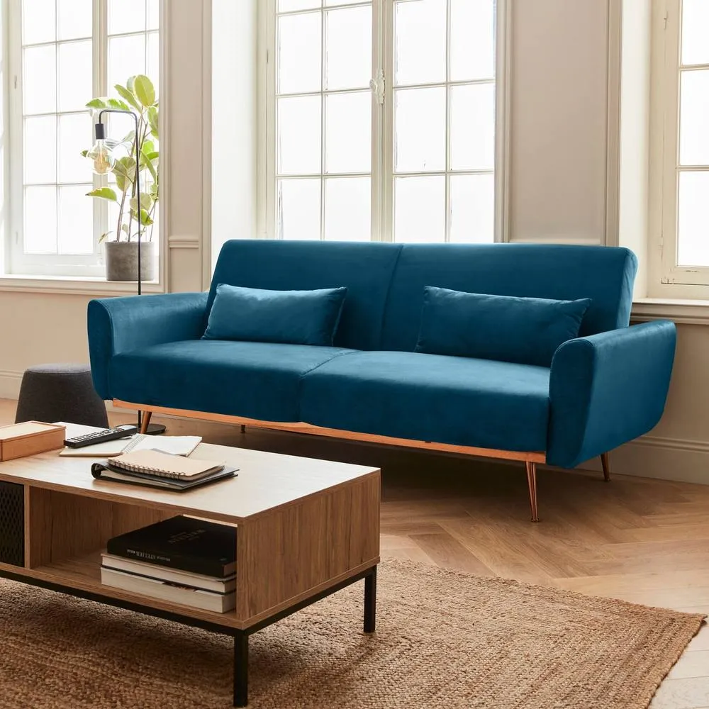 sweeek 3-seater Velvet Convertible Sofa Bed in Blue 6