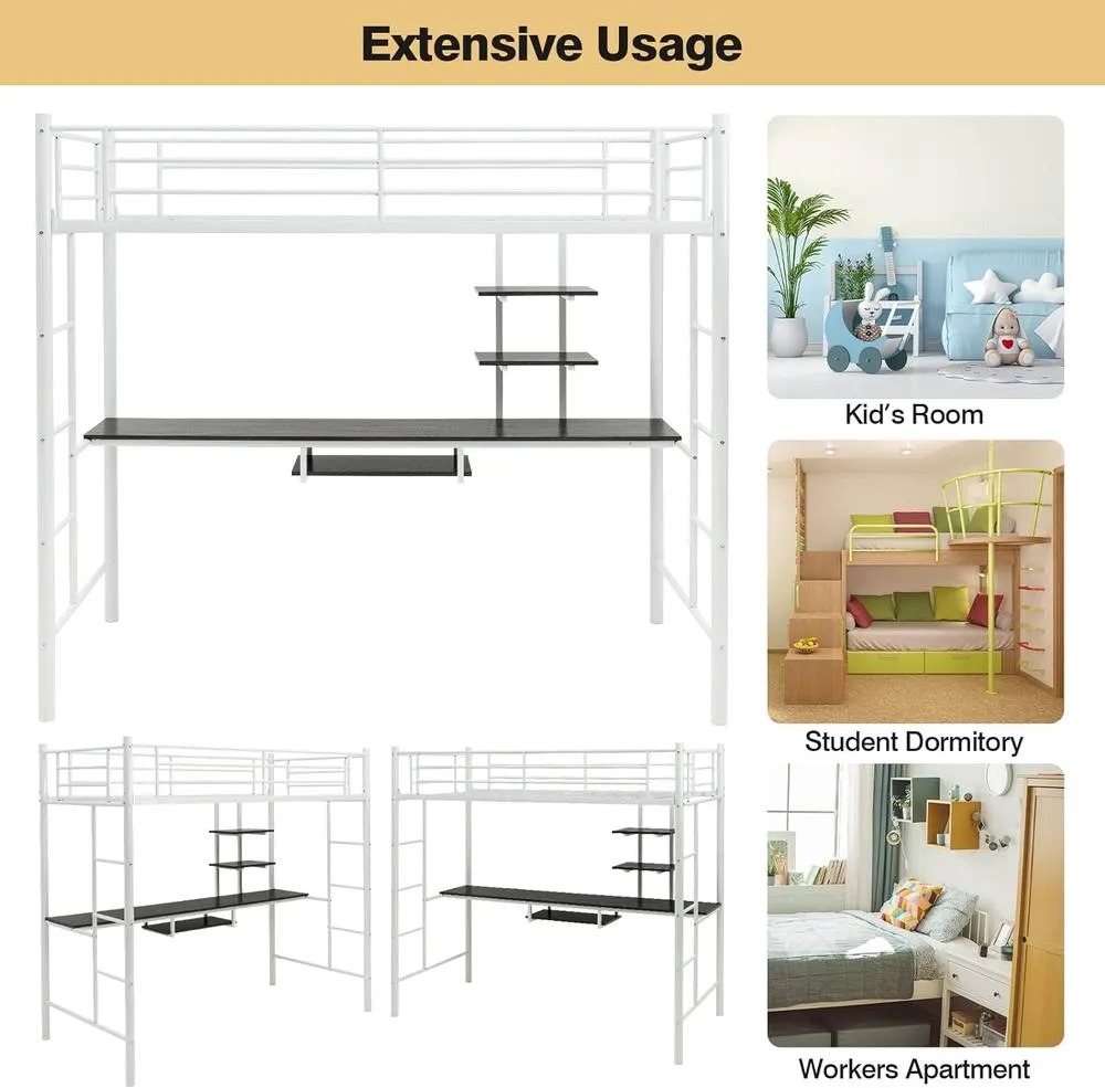 Costway 3.5FT Single Metal Loft Bed Frame High Sleeper Bunk Bed W/ Desk Storage Shelves in White 5