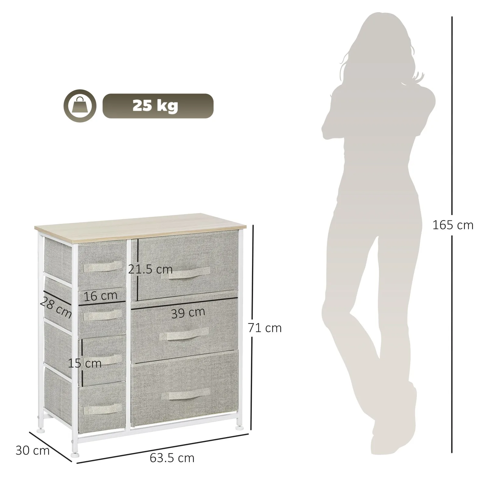 HOMCOM 7 Chest of Drawers Fabric Drawers with Metal Frame in Light Grey 3