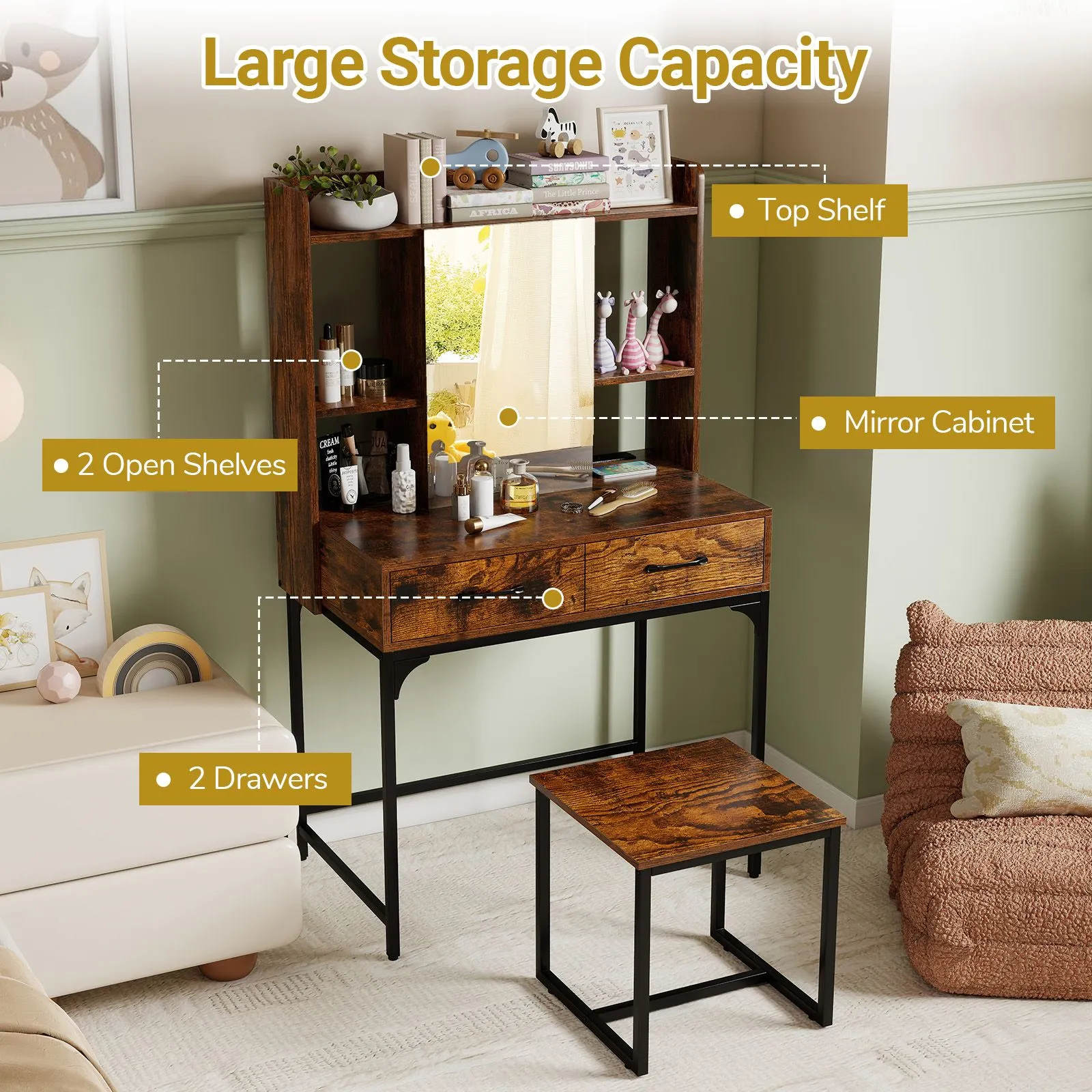 Costway Vanity Desk Wide Makeup Dressing Table with Power Outlets in Brown 5