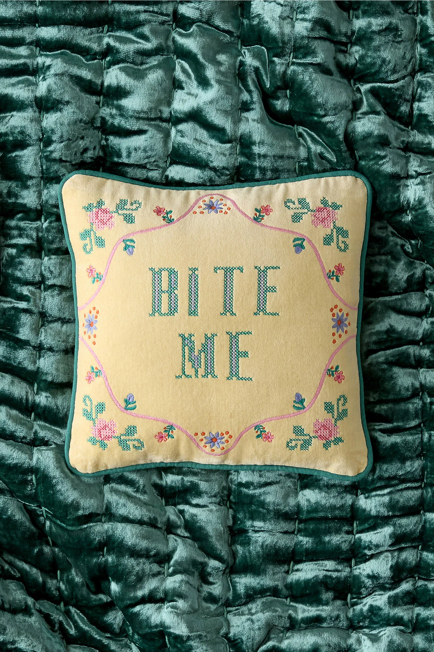 Bite Me Velvet Cushion - Yellow