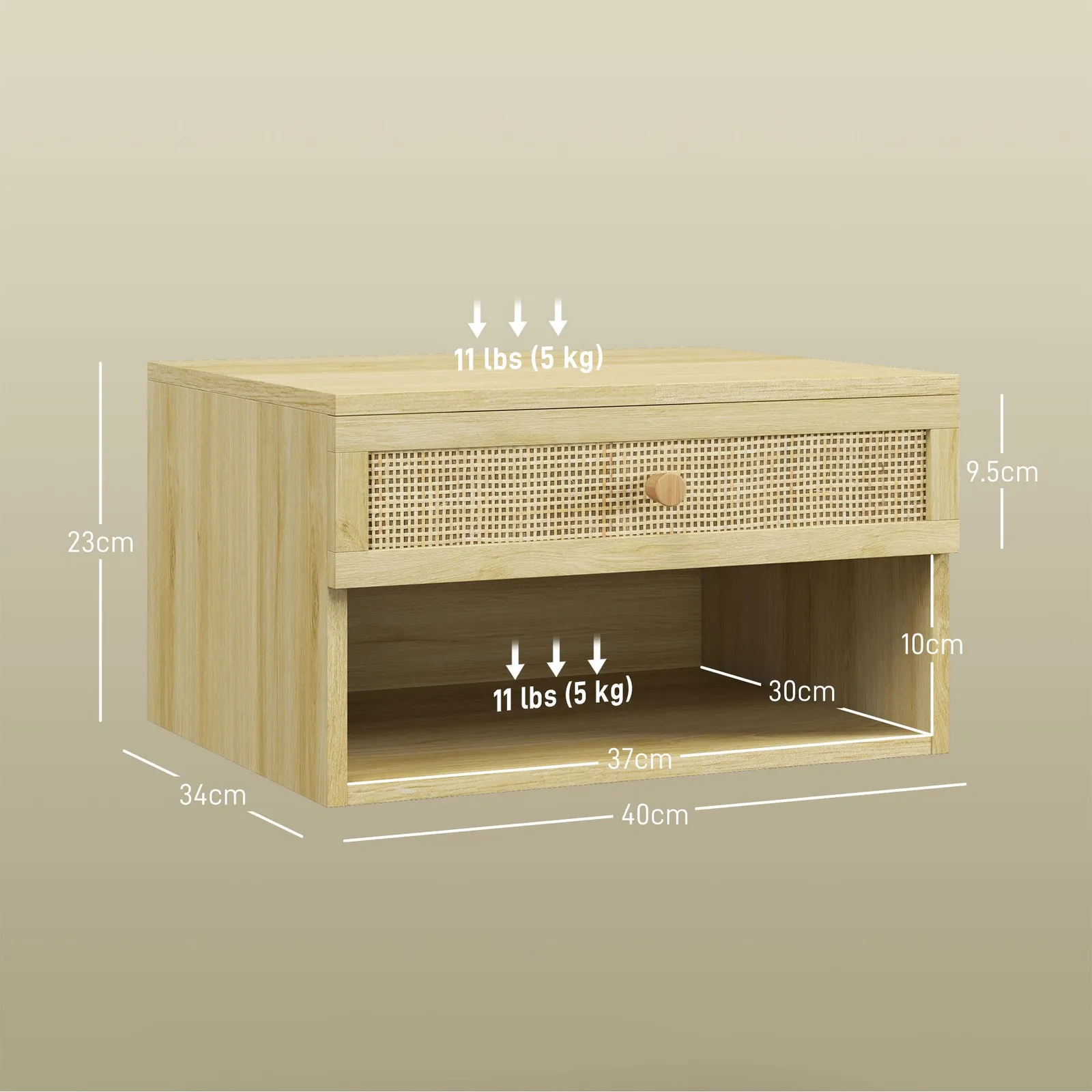 HOMCOM Floating Bedside Tables Set of 2 with Rattan Drawer & Open Shelf in Yellow 3