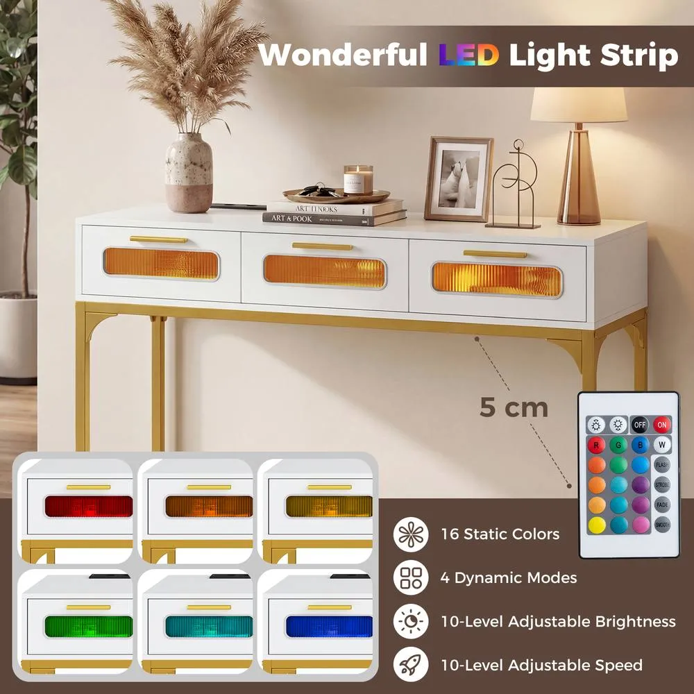 Costway Console Table w/ LED Lights & Charging Station 90cm Entryway Table in White 4