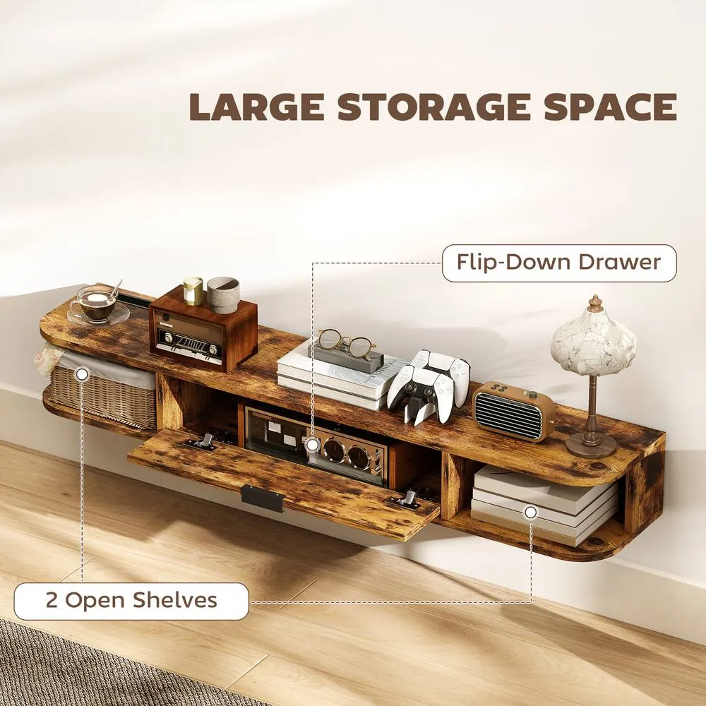 HOMCOM 120 cm Floating TV Unit with Flip Drawer & Shelves, Rustic Brown 6