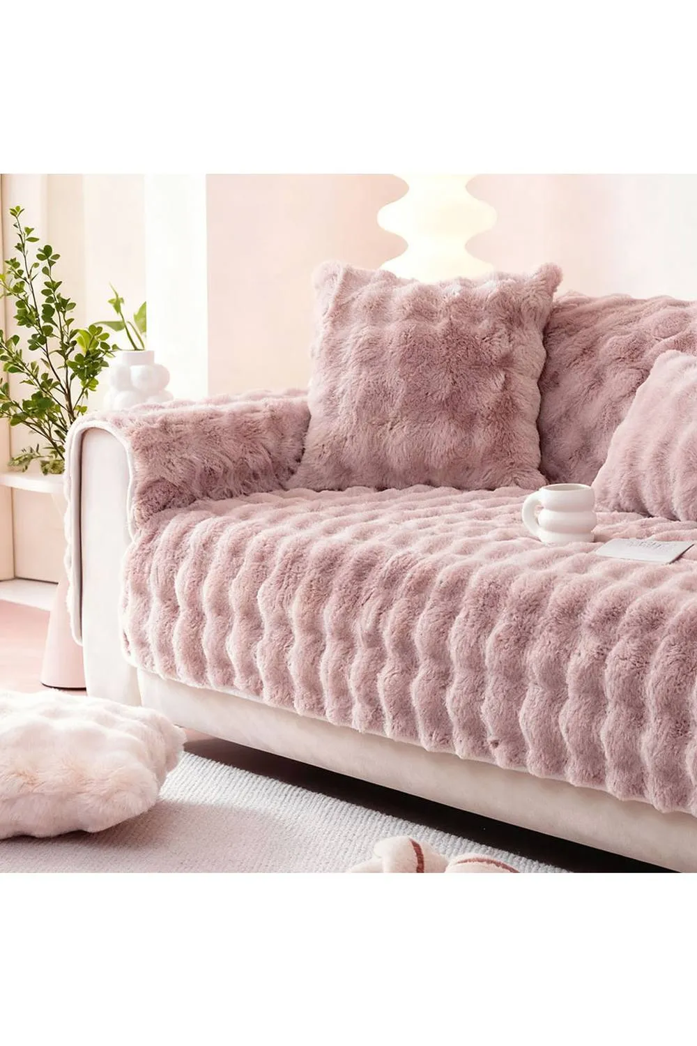 Living and Home Sleek Textured Plush Sofa Cover in Pink