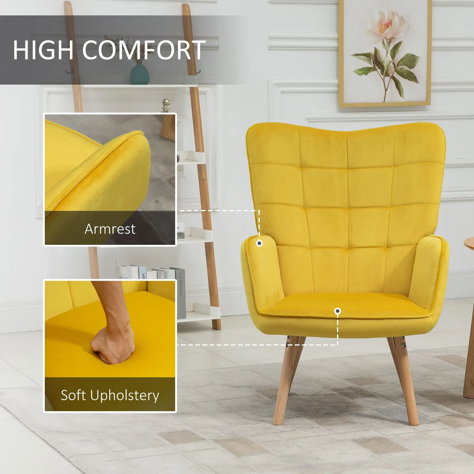 HOMCOM Modern Accent Chair Velvet-Touch Tufted Wingback Armchair Wood Legs in Yellow 4