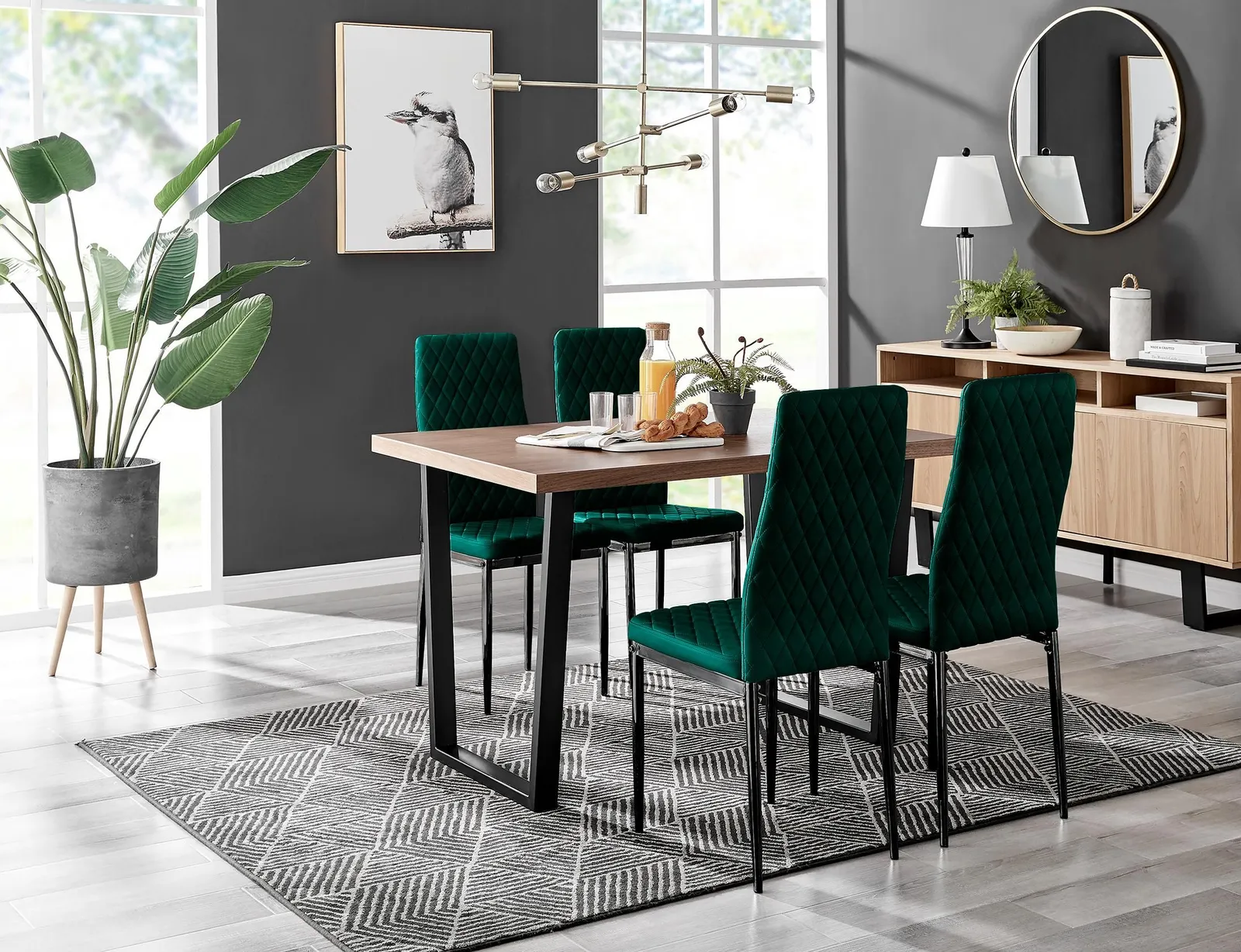 FurnitureboxUK Kylo Brown Wood Effect Dining Table With Black 'U' Legs & 4 Milan Velvet Chairs in Green