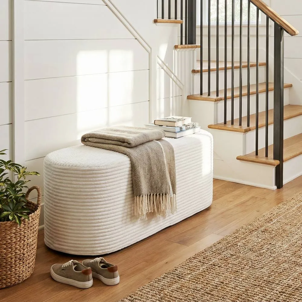 Costway Upholstered Ottoman Bench Modern Bed Stool Oval Entryway Ottoman in White 4