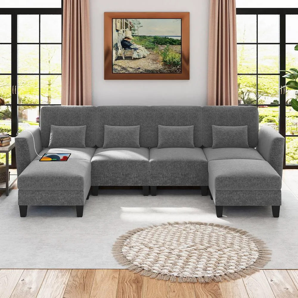 Costway Sectional Sofa with 2 Ottomans 4 Seat Sofa Set with Double Chaise in Grey 5
