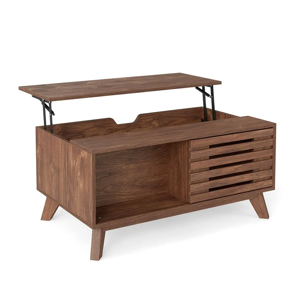Costway 90 cm Center Table with Slatted Sliding Door & Tapered Legs in Brown