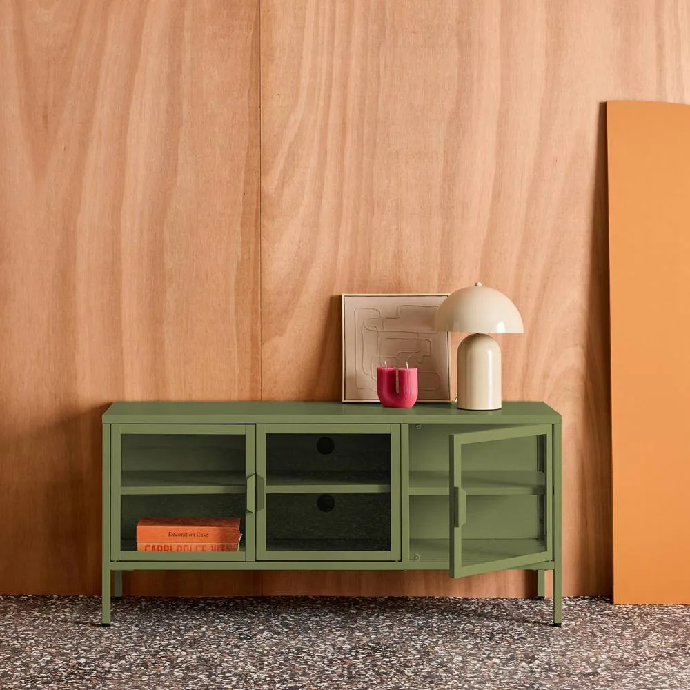 sweeek Industrial metal & tempered glass TV stand with 3 doors 120cm in Green 4