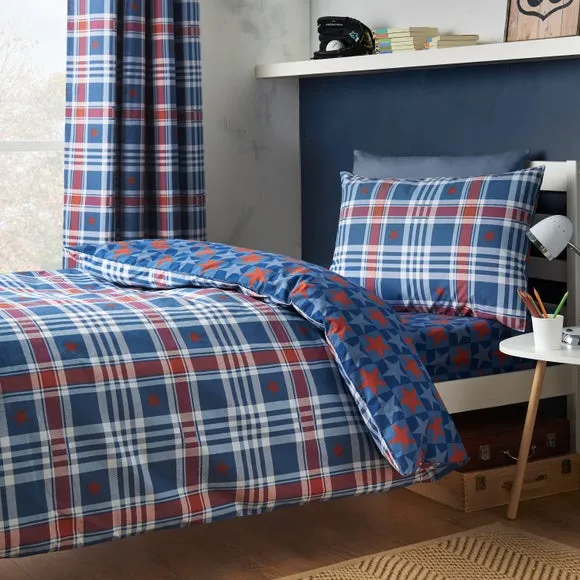 Catherine Lansfield Stars and Check Quilt Cover and Pillowcase Set 1