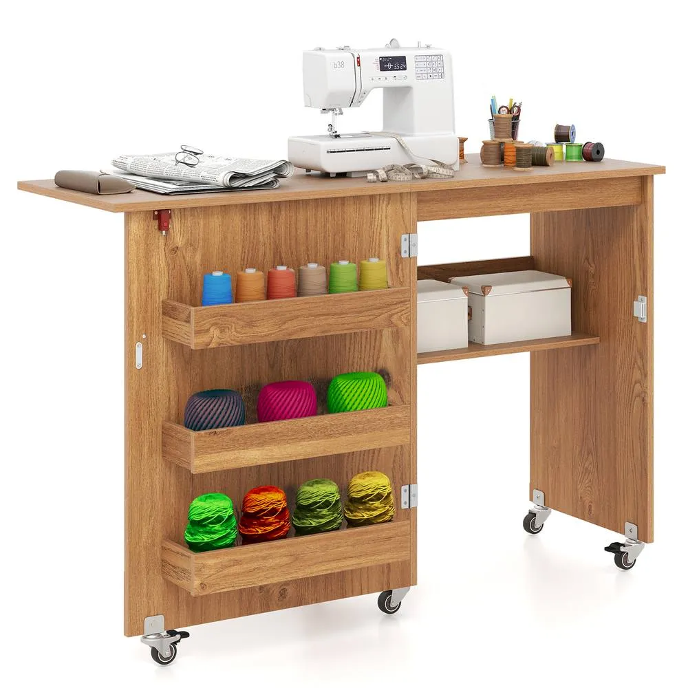 Costway Folding Sewing Table Mobile Sewing Machine Desk Rolling Craft Station in Natural
