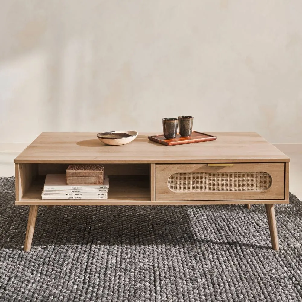 sweeek Wood & Rounded Cane Rattan Coffee Table in Light Brown