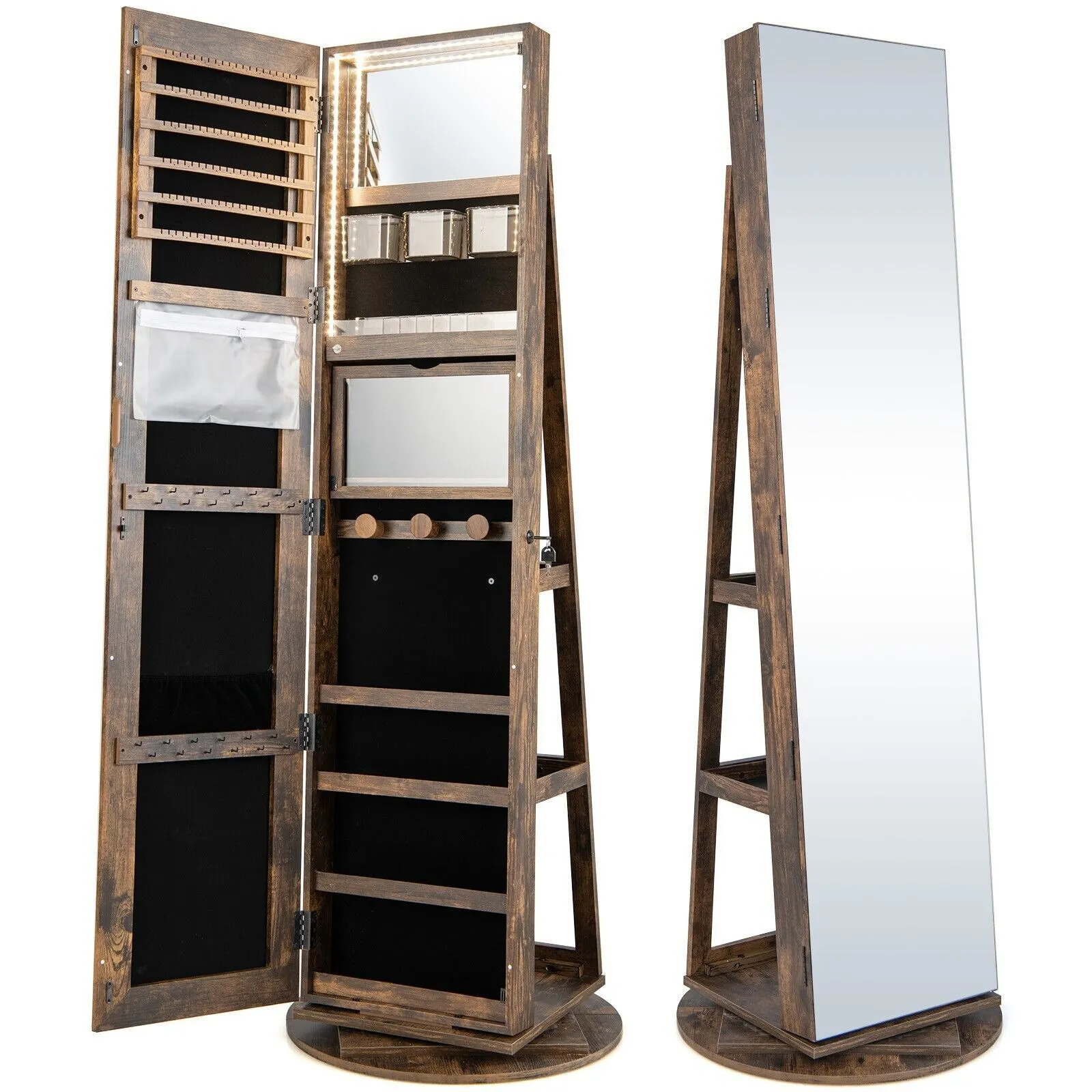 Costway Rotating Jewelry Armoire Freestanding Jewelry Cabinet w/ Full Length Mirror in Brown 5