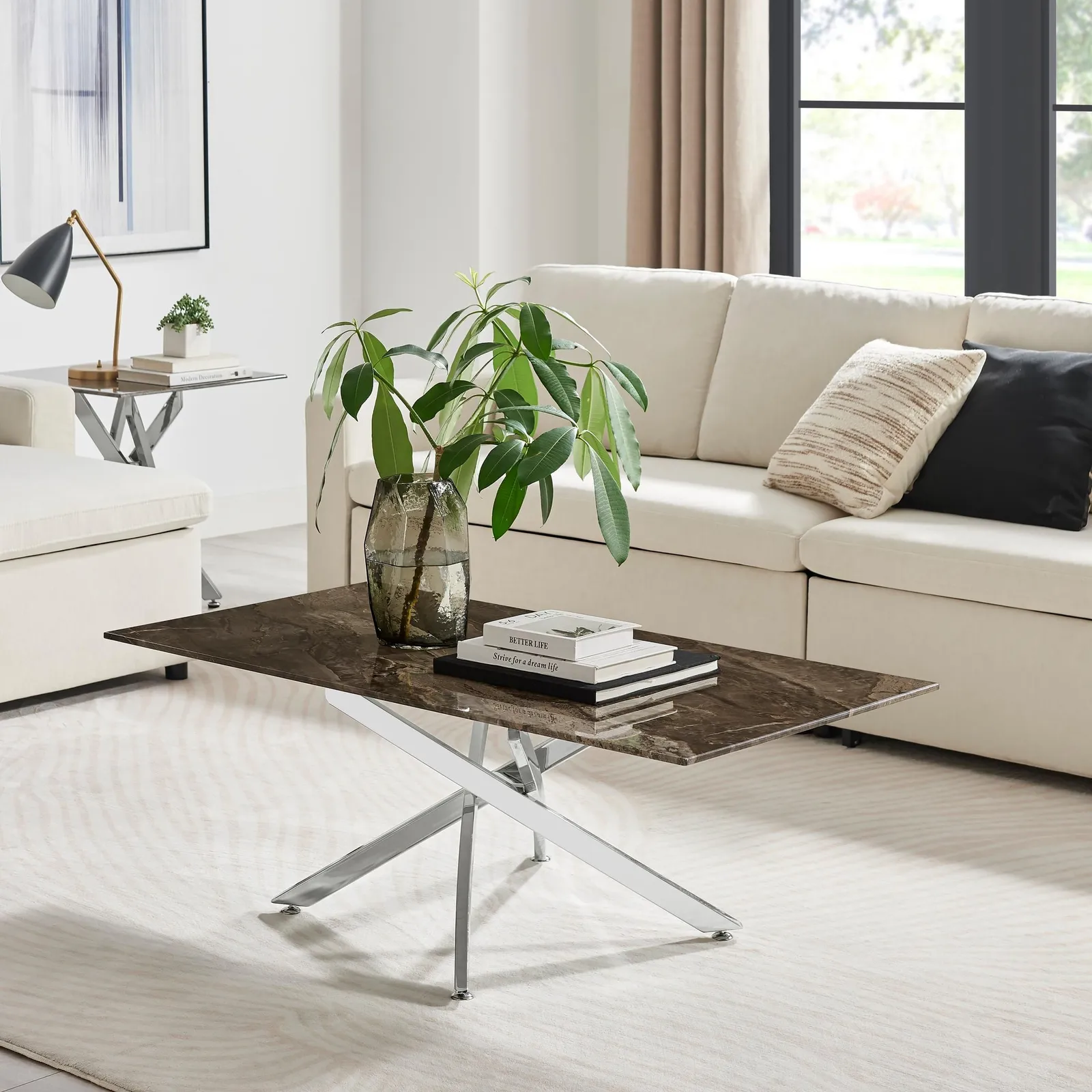 FurnitureboxUK Leonardo Rectangular Marble Effect Glass Top Coffee Table With Silver Metal Starburst Legs in Grey 2