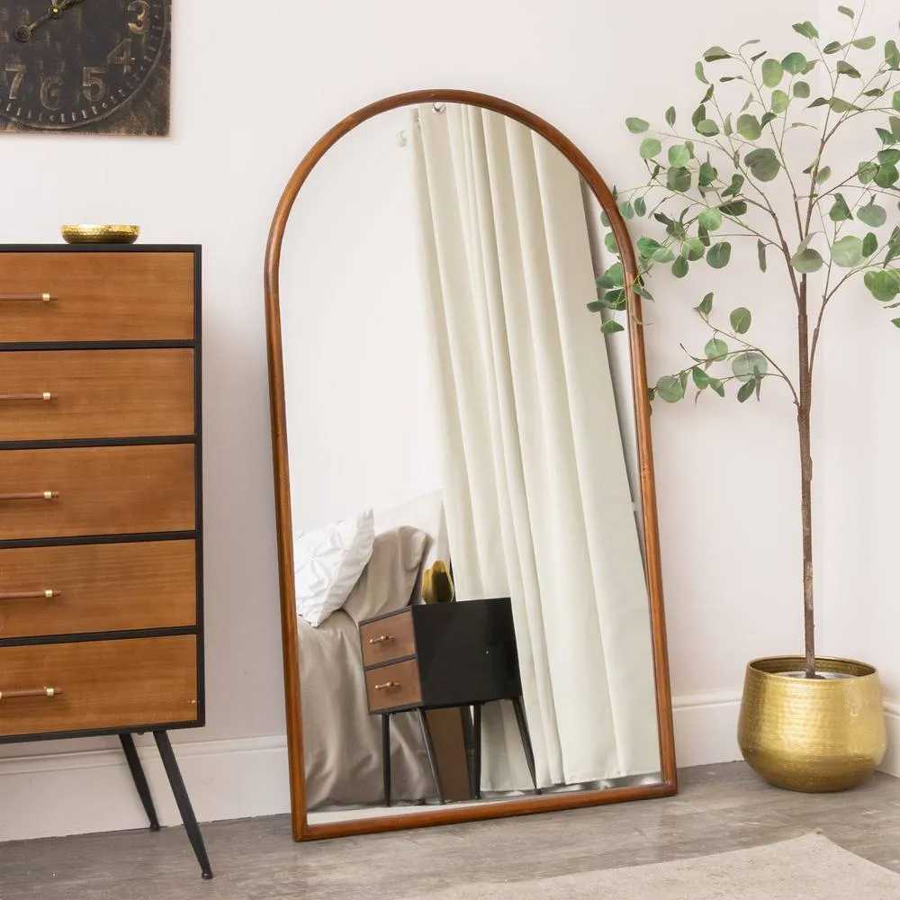Melody Maison Large Walnut Wooden Framed Arched Leaner Mirror - 90cm X 158cm in Brown