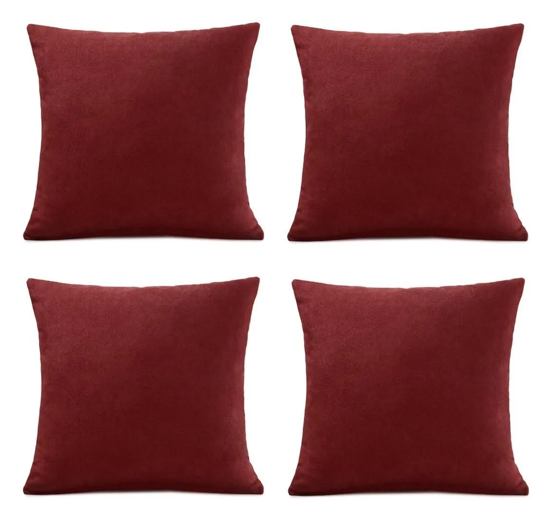 Luxury Living Set of 4 Velvet Chenille Cushions 45cm x 45cm with Removable Covers & Plush Pads - Soft, Stylish Home Décor in Red
