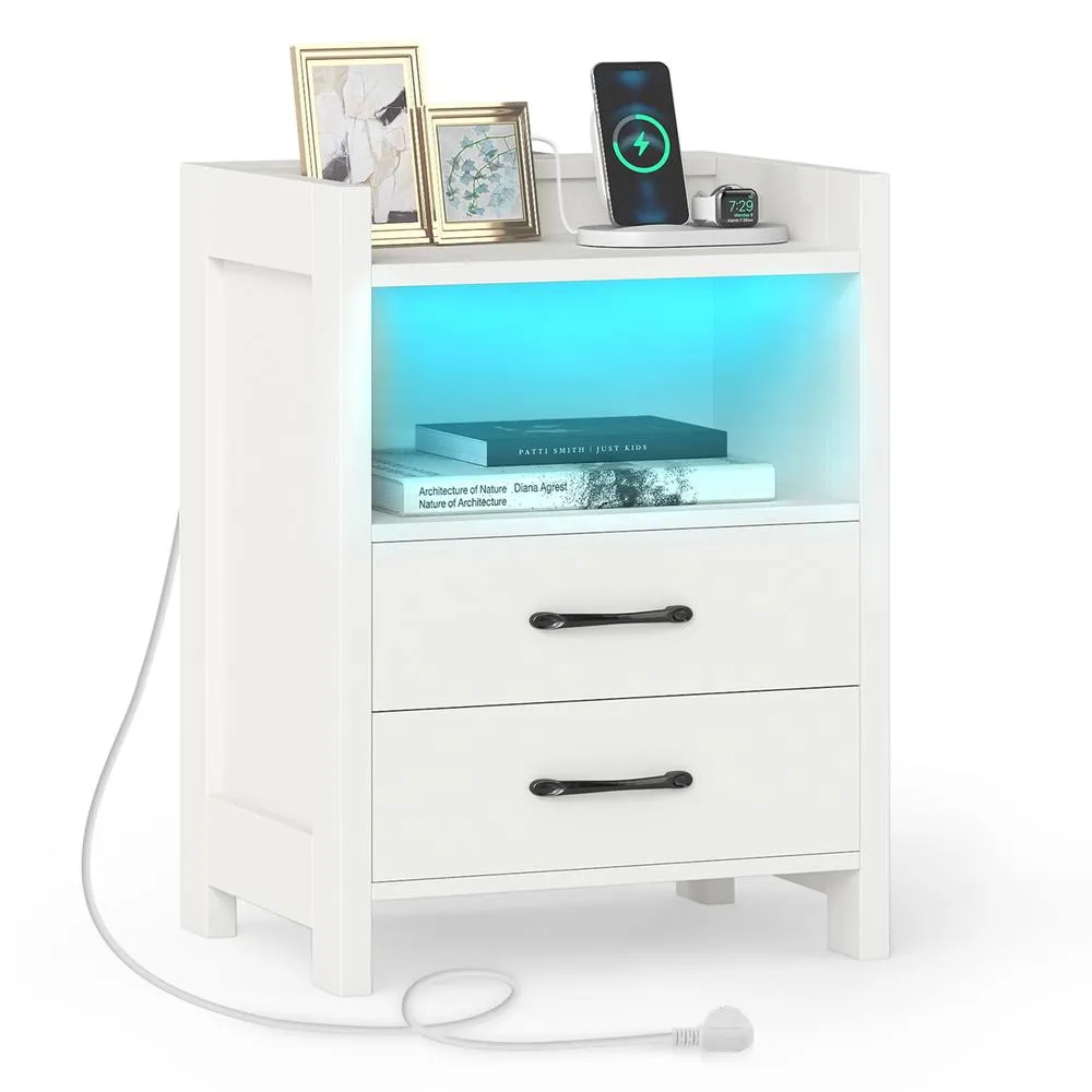 Costway LED Bedside Table with 2 Drawers Sofa Side Table White
