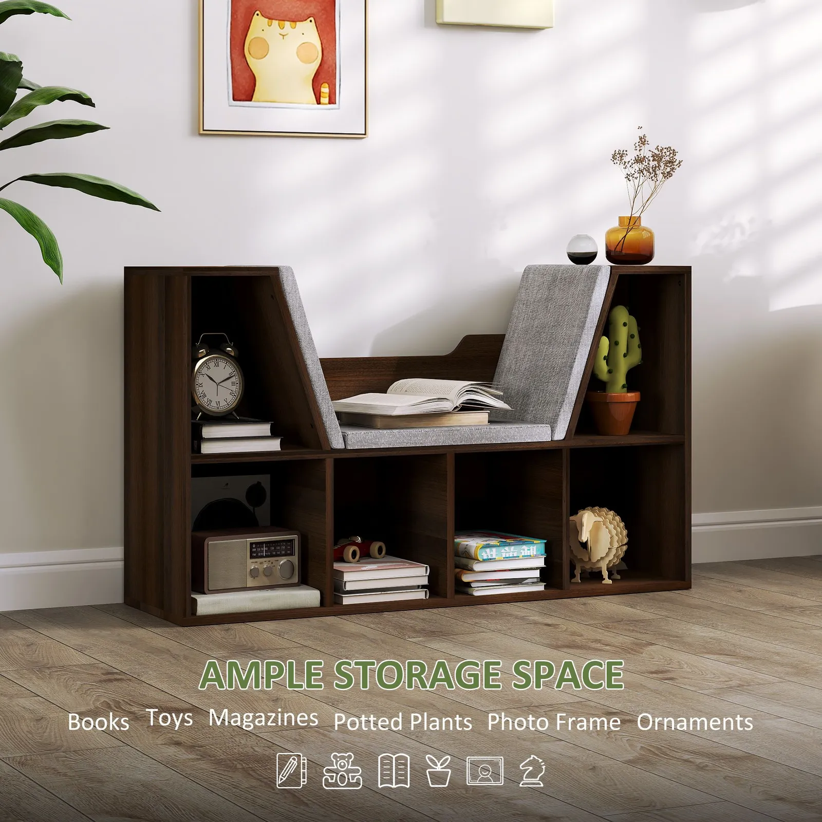 HOMCOM Bookcase Storage Shelf with Cushioned Reading Seat, Six Cubes in Walnut 4