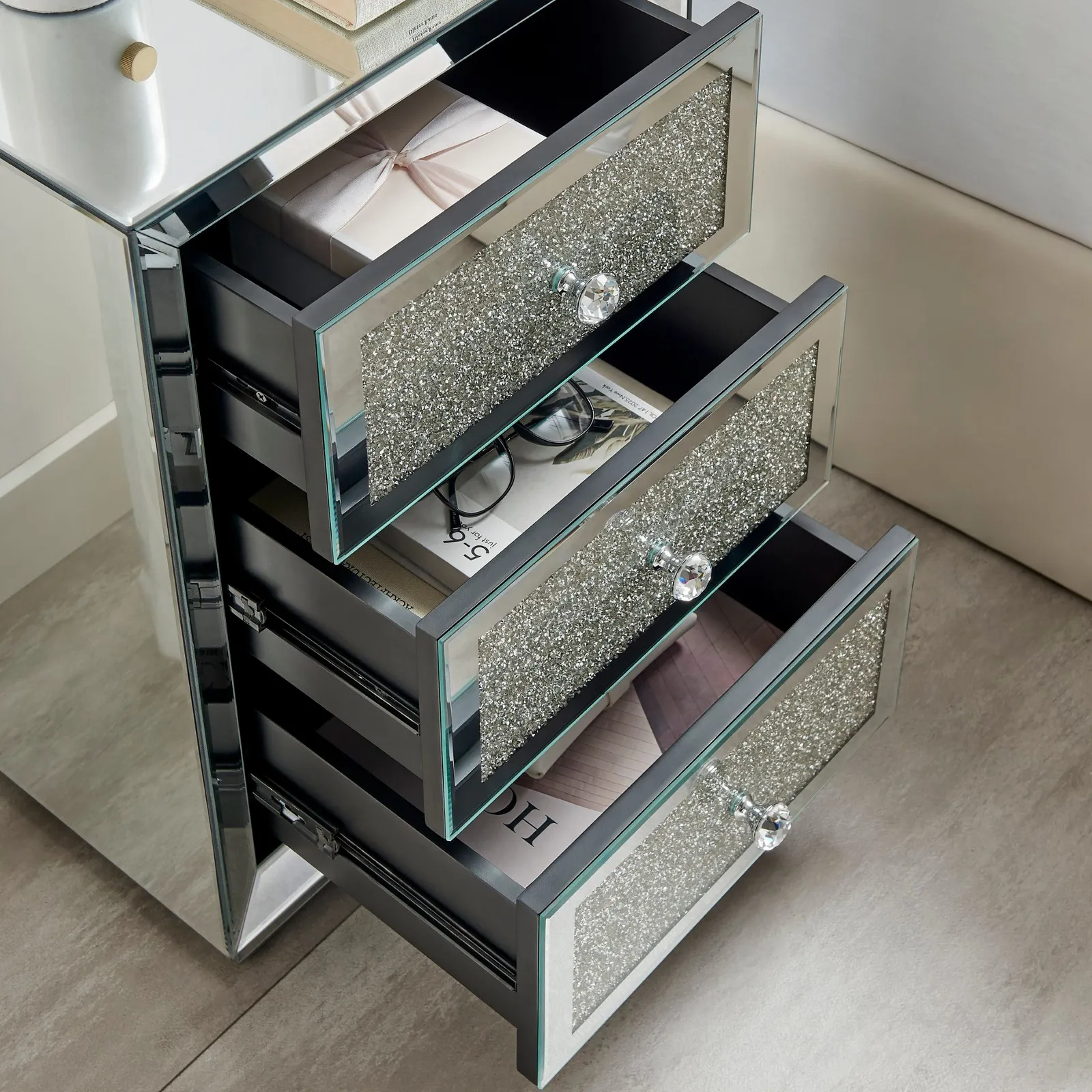 FurnitureboxUK Stella Crushed Diamond Effect Mirrored 3 Drawer Bedside Table in Silver 4
