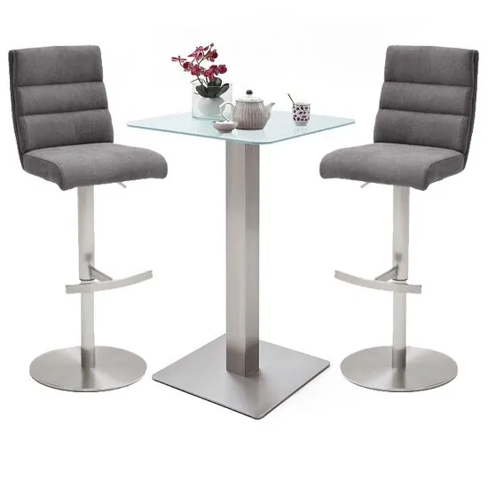 Soho White Glass Bar Table 2 Hiulia Fabric Anthracite Stools
